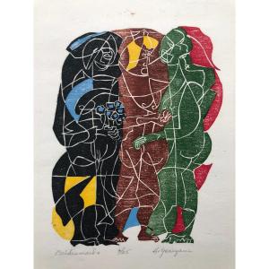 Ecole Américaine Hartwell Yeargans 1915-2005 Woodcut Harlem New-york Bridesmaids