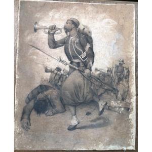 Grand dessin Ancien 1866 Militaria Zouave - Signé - à Identifier