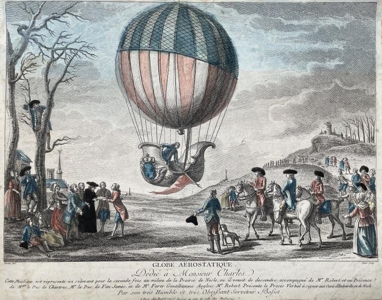 Martial Deny (1745 - Circa 1815), Globe Aérostatique, Etching Enhanced With Colors