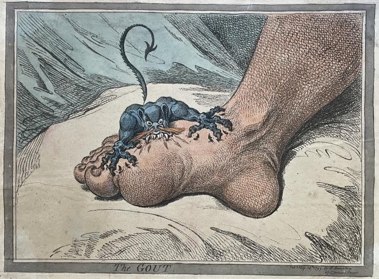 James Gillray (1756 - 1815), La Goutte,  Vernis Mou rehaussé en couleurs, 1799