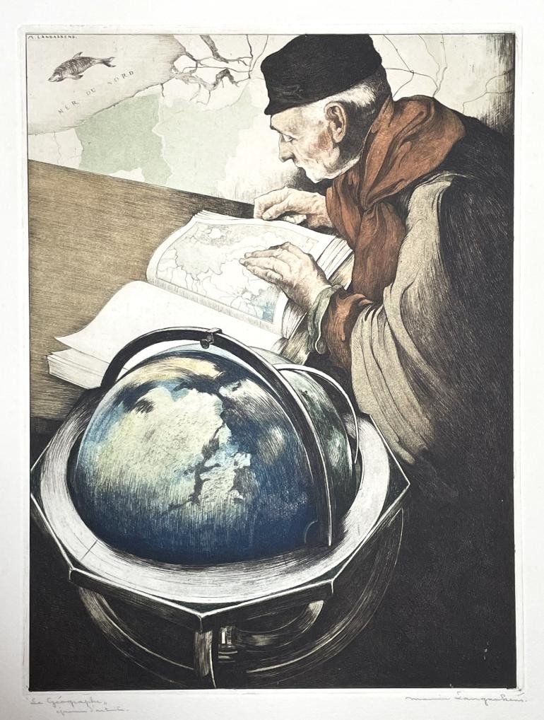 Maurice Langaskens (1884 - 1946), The Geographer, Etching And Aquatint In Colors