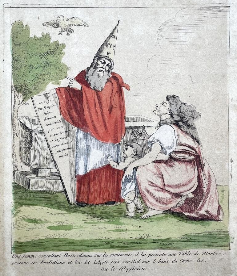 French School Of The 18th Century, A Woman Consulting Nostradamus, Etching Enhanced With Colors 