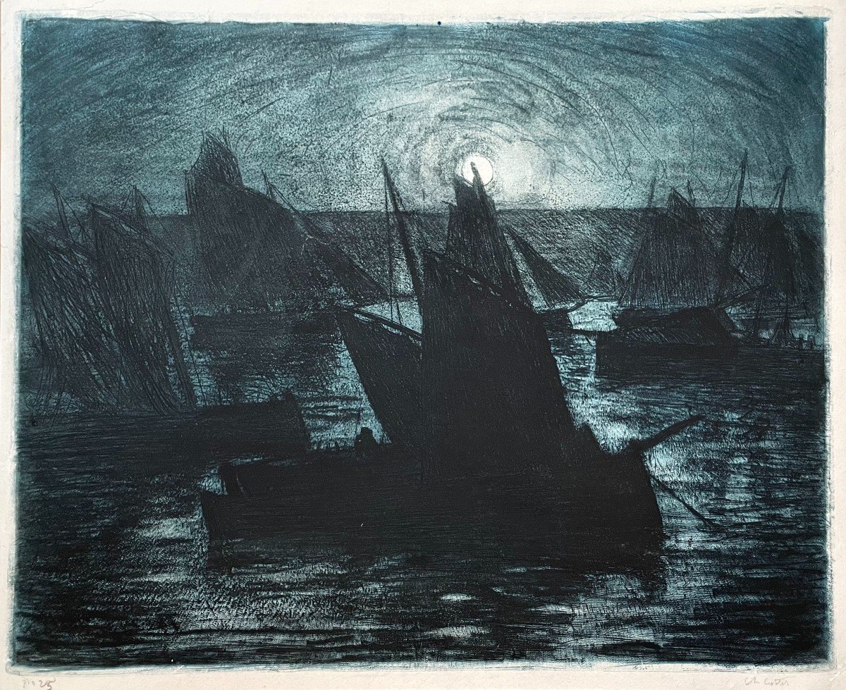 Charles Cottet (1863-1925), Boats In The Moonlight, Etching, Aquatint And Roulette