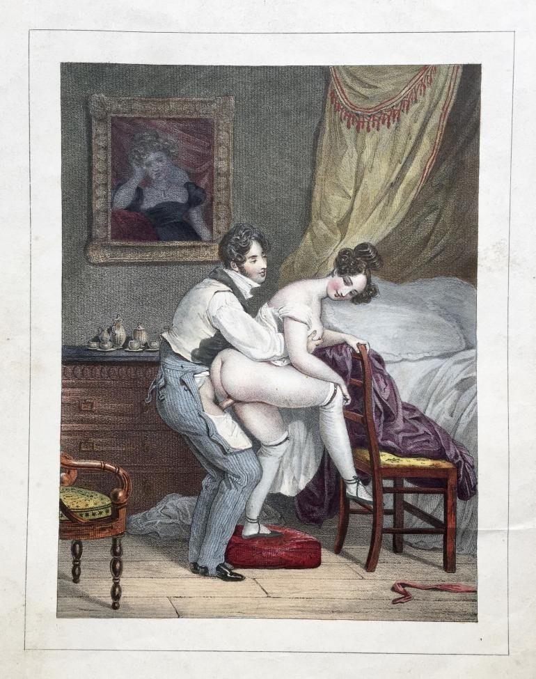19th Century French School, Erotic Scene In An Interior, Color Lithograph