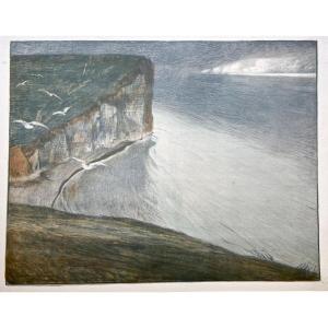 Ecole française XIXe, Vol de mouettes au-dessus des falaises,  lithographie en couleurs