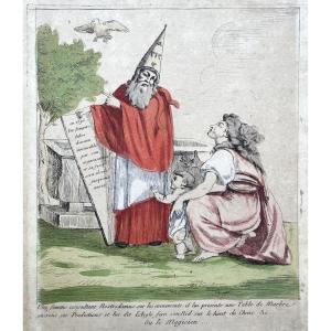 French School Of The 18th Century, A Woman Consulting Nostradamus, Etching Enhanced With Colors 