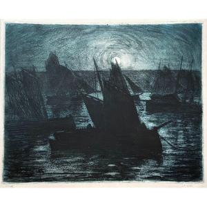 Charles Cottet (1863-1925), Boats In The Moonlight, Etching, Aquatint And Roulette