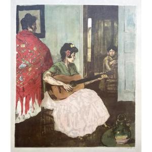 Alexandre Lunois (1863 - 1916), La Guitariste , lithographie en couleurs , vers 1906