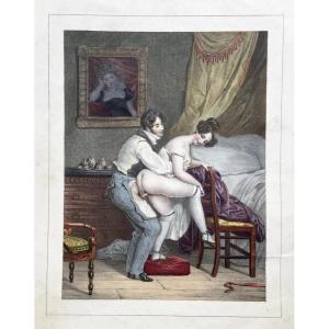 19th Century French School, Erotic Scene In An Interior, Color Lithograph