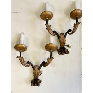 Pair Of Wall Lights In Gold And Blackened Metal  