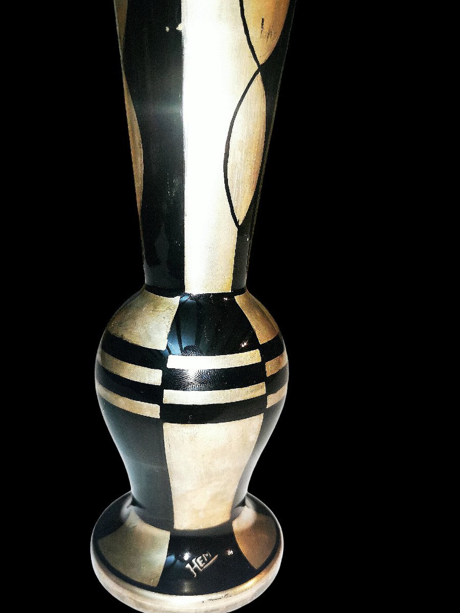 Michel HERMAN — Verrerie de HEM : rare Vase en verre à décor platine, époque Art déco.-photo-3