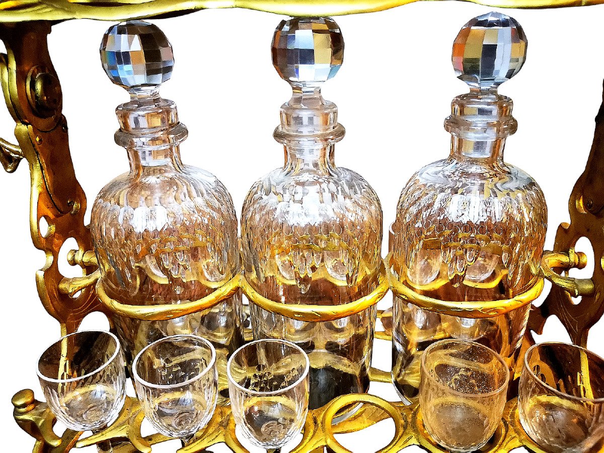 Baccarat: Exceptional “tantale” Liqueur Cabaret, In Gilded Bronze And Cut Crystal.-photo-3