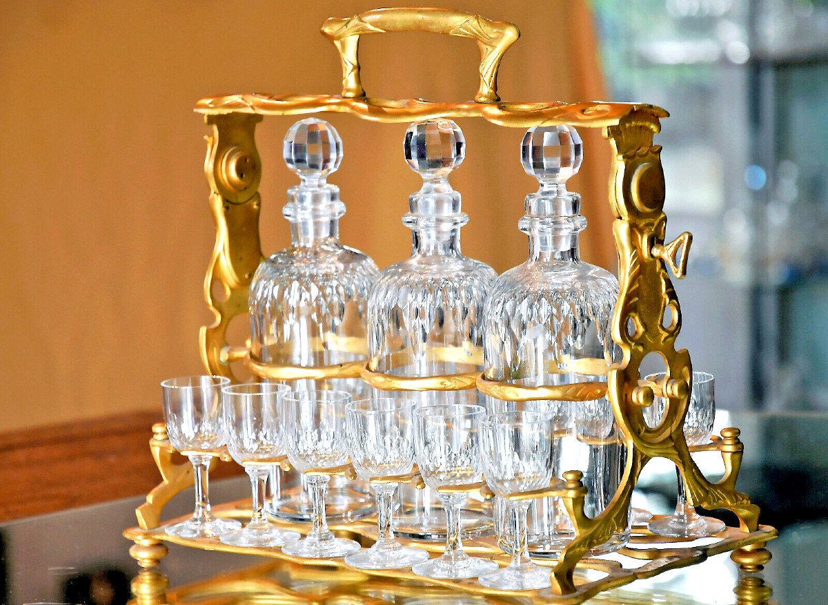 Baccarat: Exceptional “tantale” Liqueur Cabaret, In Gilded Bronze And Cut Crystal.