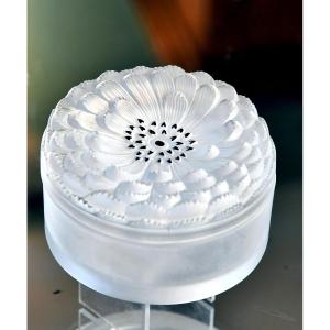 Lalique France — “dahlia” Powder Box (⌀ 12 Cm), In Satin Clear Crystal.