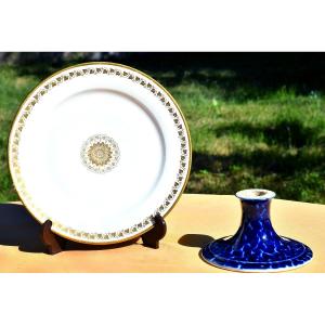 Manufacture Nationale De Sèvres. Porcelain Plate, Dated 1847 — And A Candlestick.