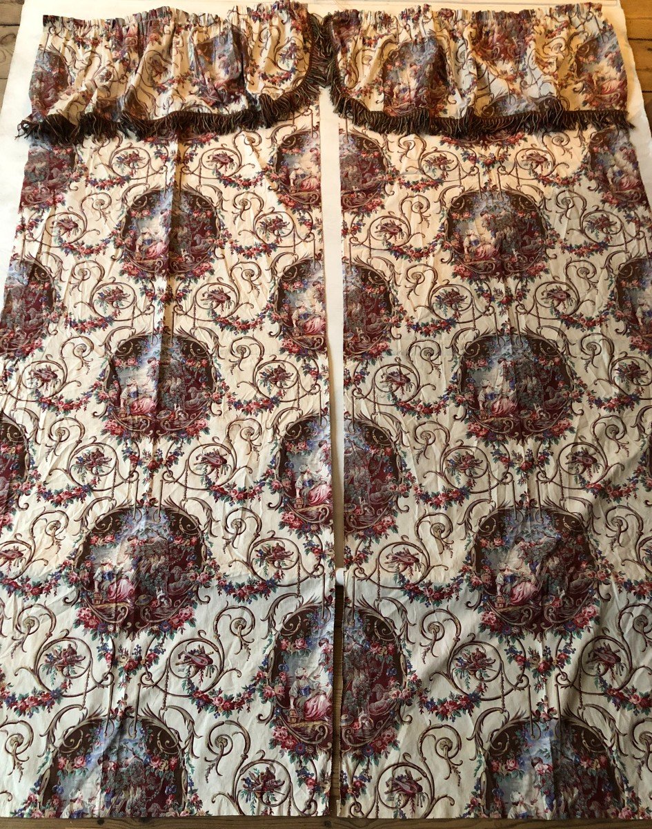 Textile Pair Of Curtains Printed Character Second Empire XIXth Century-photo-2