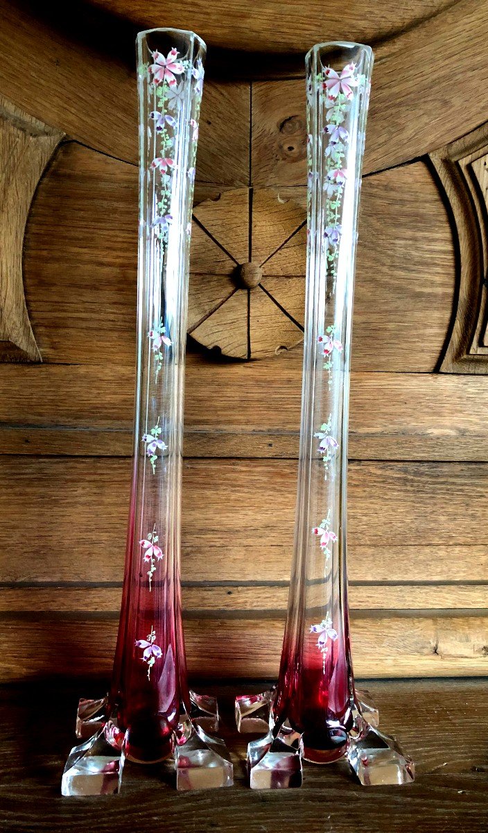 Pair Of Large Nineteenth Century Soliflore Crystal Baccarat Emaille Vase-photo-2