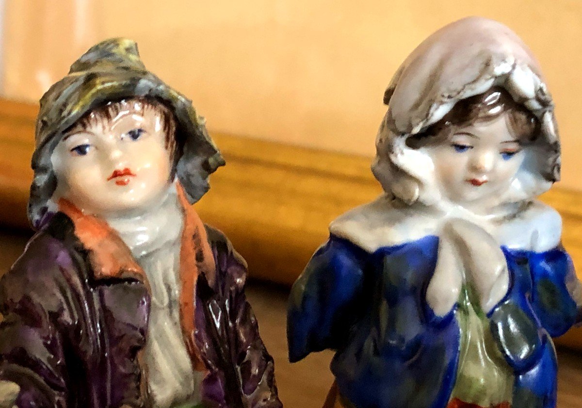 4 Personnages Enfant Mendiant Porcelaine Polychrome Couronne SAXE MEISSEN-photo-3