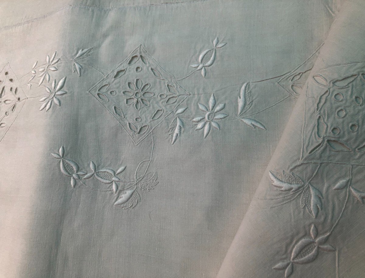 19th Century Sheet Linen Thread With Large Hand Embroidery Monogram Mg-photo-2