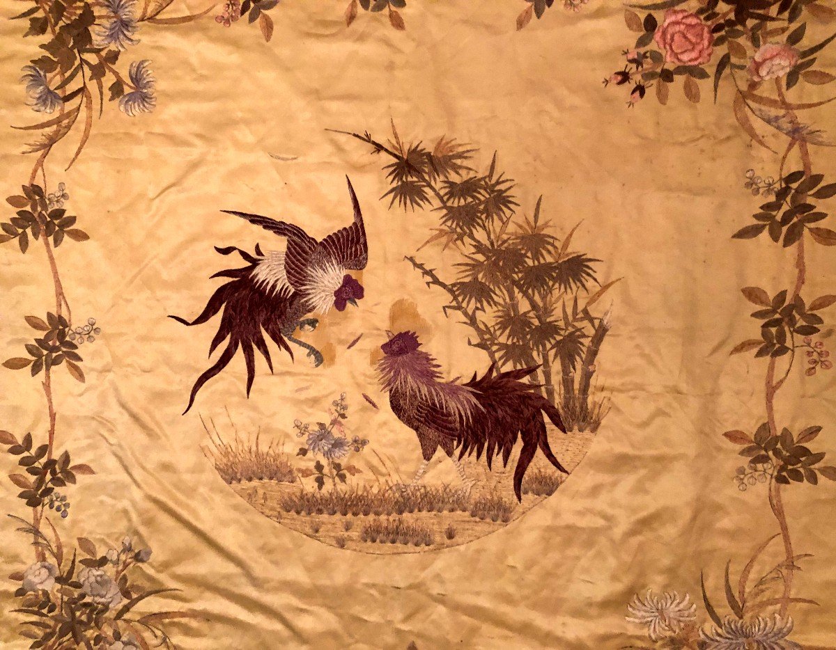 Textile Yellow Gold Hanging Hand Embroidery Vietnam Cockfight Early 20th Century Asia