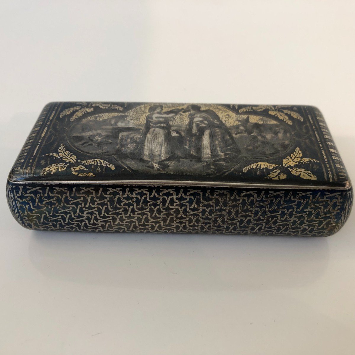 Solid Silver Snuff Box Niello And Vermeil 19th Century Orientalist Landscape Character Decor-photo-4