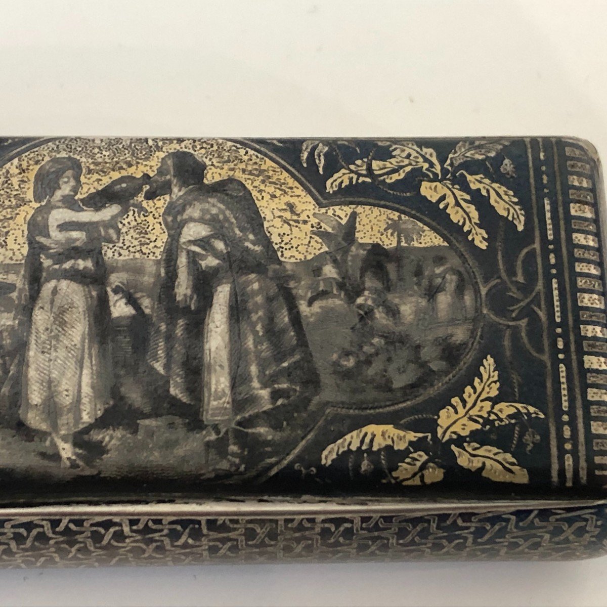 Solid Silver Snuff Box Niello And Vermeil 19th Century Orientalist Landscape Character Decor-photo-4