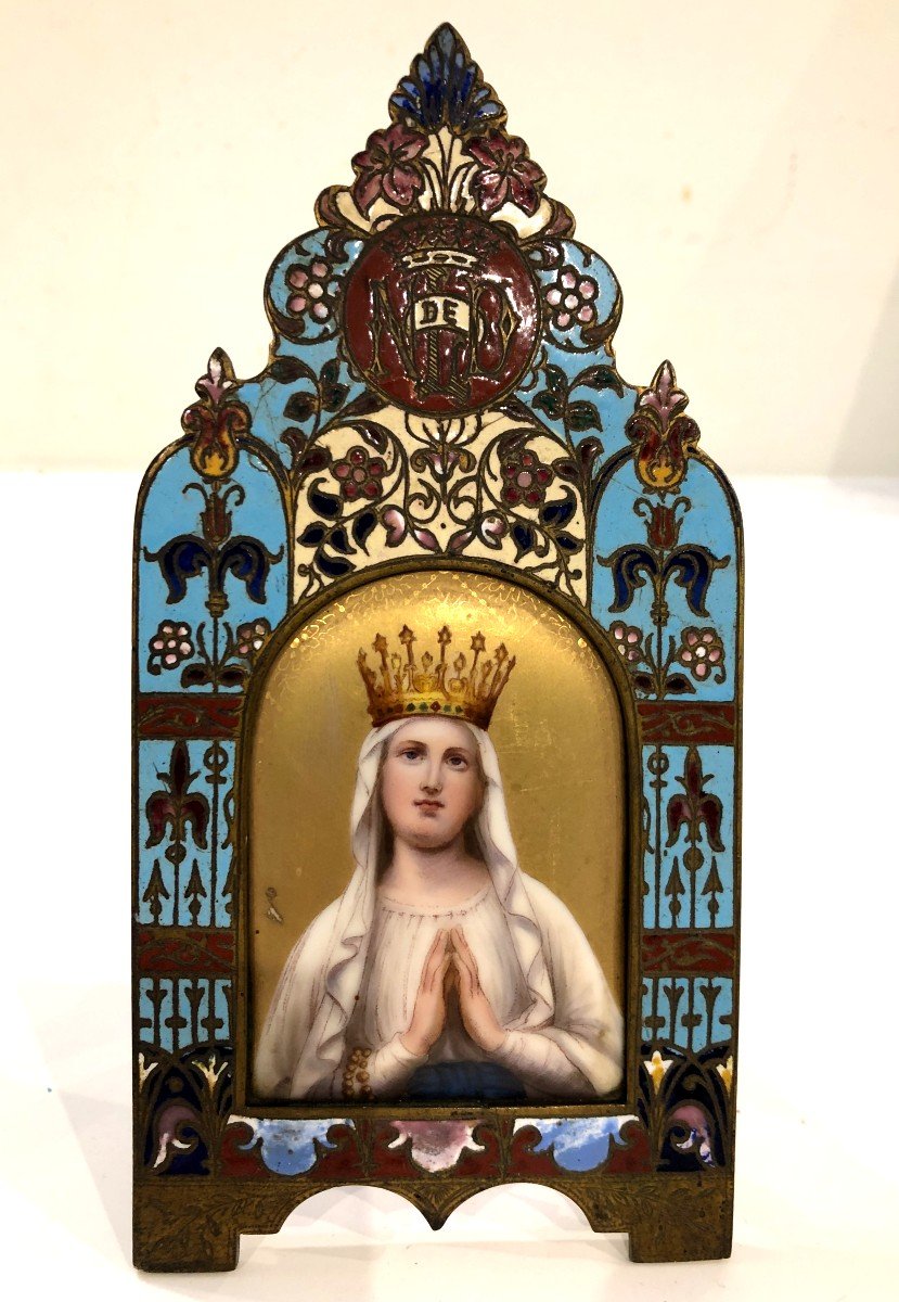 Notre Dame De Lourdes  Peinture sur Porcelaine  Cadre Bronze Cloisonne dlg de Barbedienne XIXè