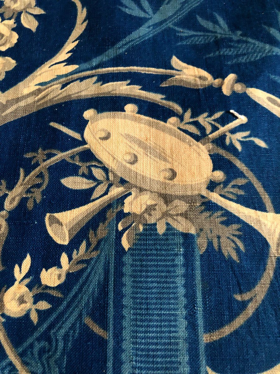 Textile Print Early 19th Century Indigo And Grisaille Quiver Birds Musical Instrument Flower-photo-4