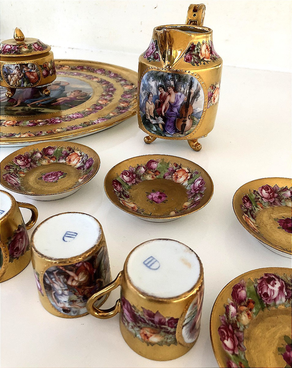 Vienna Porcelain Coffee Service, Austria, 19th Century, Painted Scene Of Music And Dance-photo-3