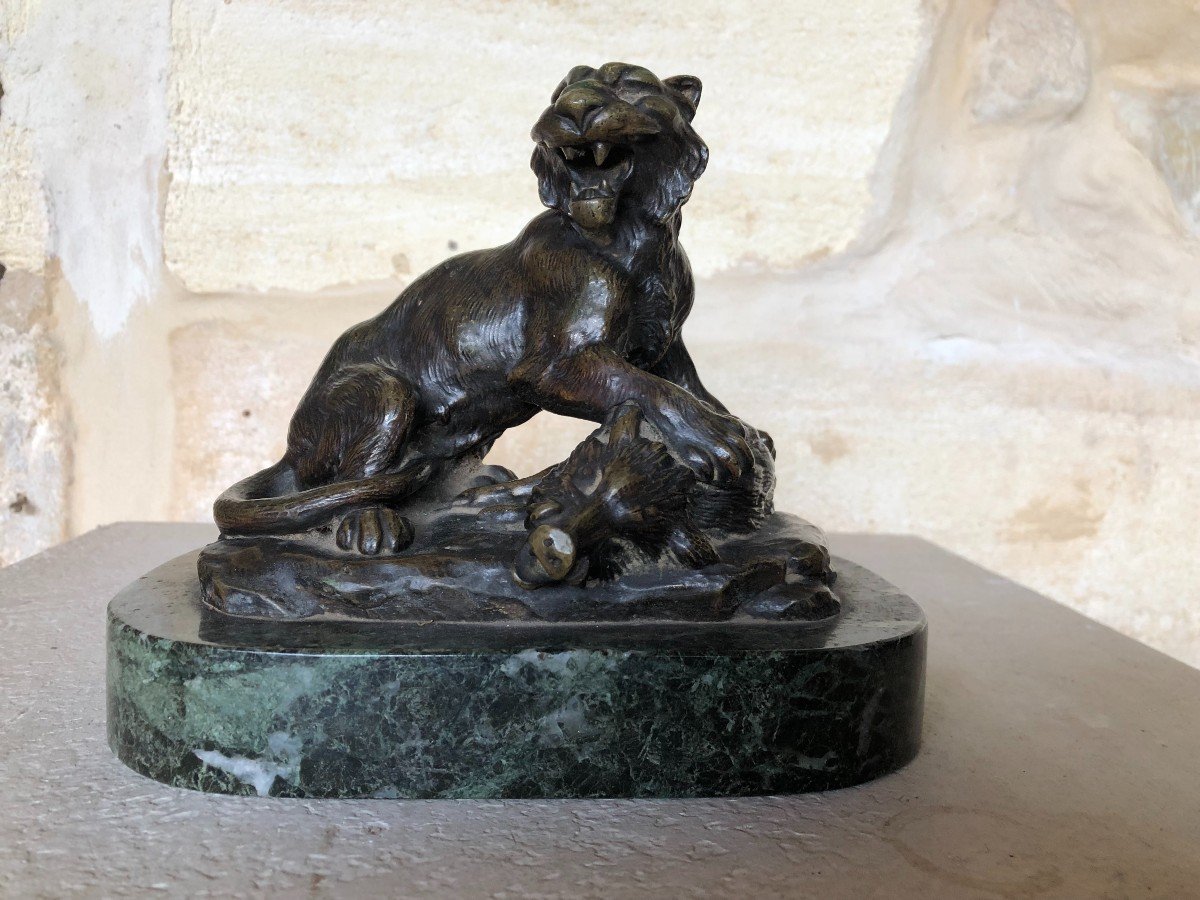 Sculpture Marbre Bronze Animalier Dlg De Barye Lionne Et  Sanglier Fonte Ancienne XIXème Siecle-photo-1