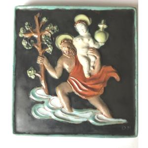 Ceramic 1950 Religious Art St Christopher And The Child Jesus Sign Dk