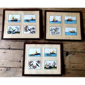 12 Framed Gouaches XIXth China Asia Rice Paper Boats Birds