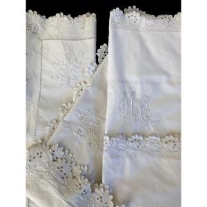 3 Nineteenth Century Pillowcases Linen Thread Embroidery Monogram Lambrequin