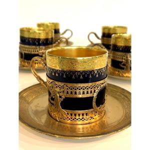 Coffee And Moka Cup Service In 19th Century Limoges Porcelain In Sterling Silver And Vermeil