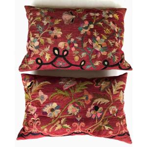 2 Coussins Brodes De Fleurs Sur Chanvre 