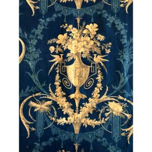 Textile Print Early 19th Century Indigo And Grisaille Quiver Birds Musical Instrument Flower