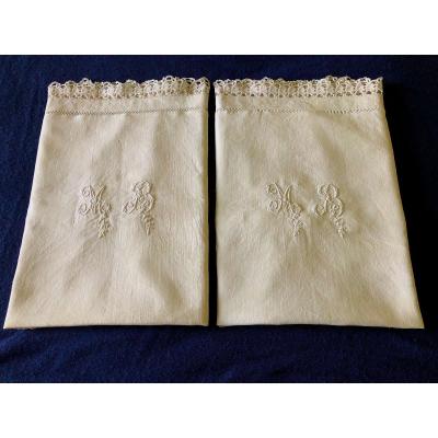 Pair Of 19th Century Pillowcases Linen Old Textile Fabric Monogram Embroidery Mb