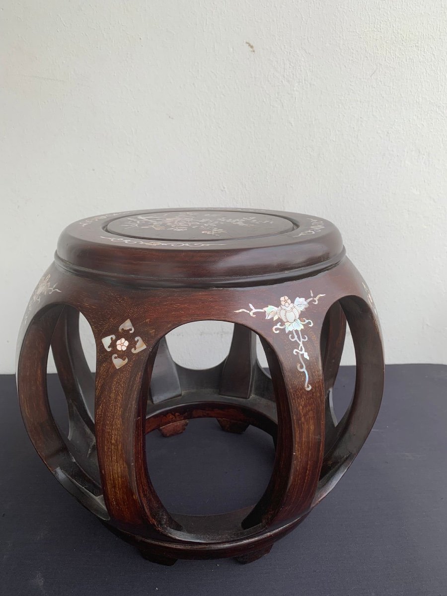 Asian Stool Inlaid With Mother-of-pearl Wood - 19th Century-photo-2