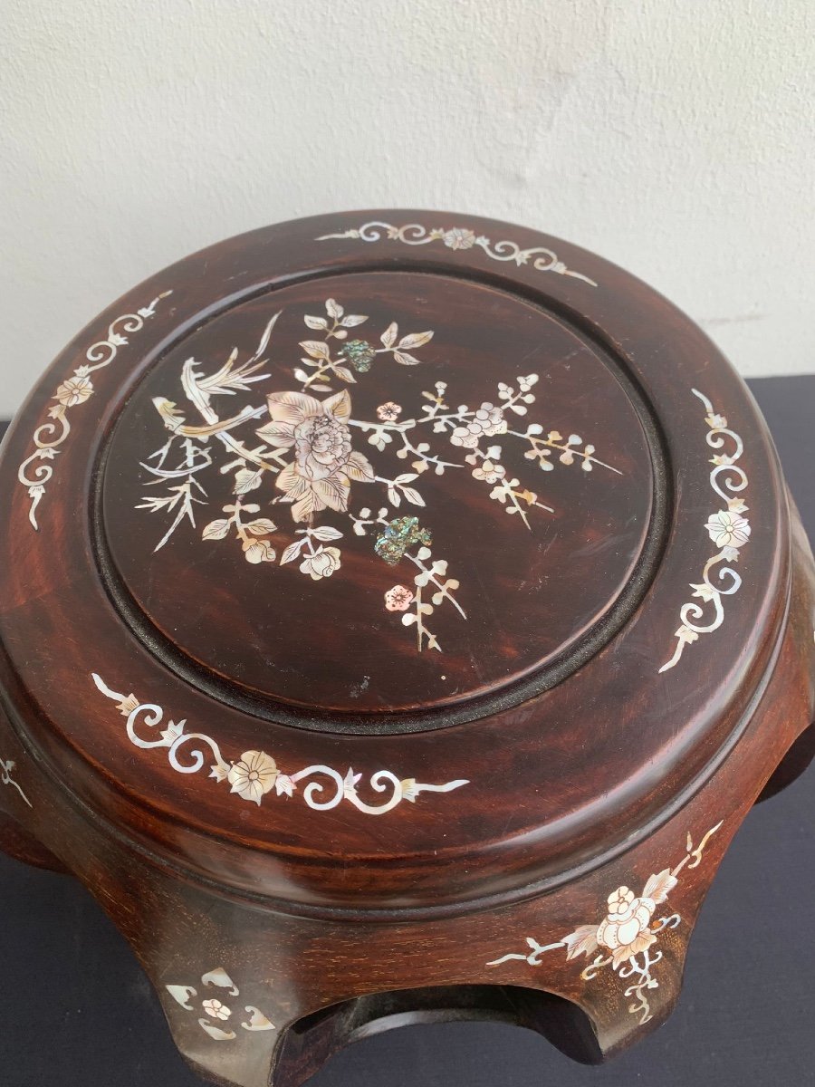 Asian Stool Inlaid With Mother-of-pearl Wood - 19th Century-photo-3