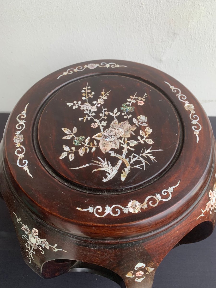 Asian Stool Inlaid With Mother-of-pearl Wood - 19th Century