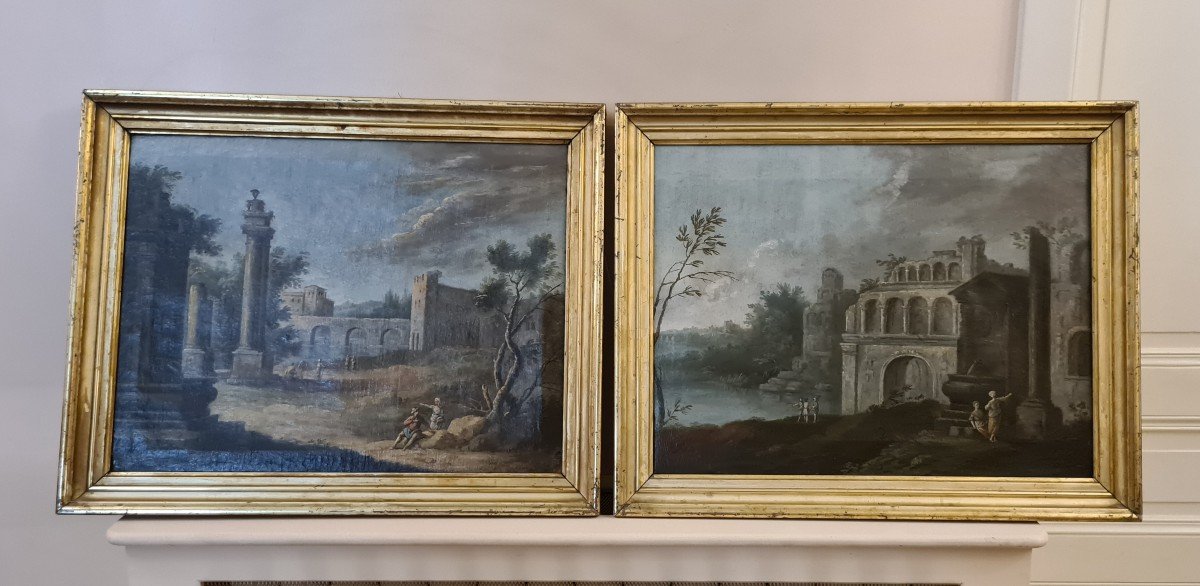 Pair Of Canvases Italy Mid-18th Century Att Giacomo Van Lint (1723-1780) - Surroundings Of Rome-photo-2