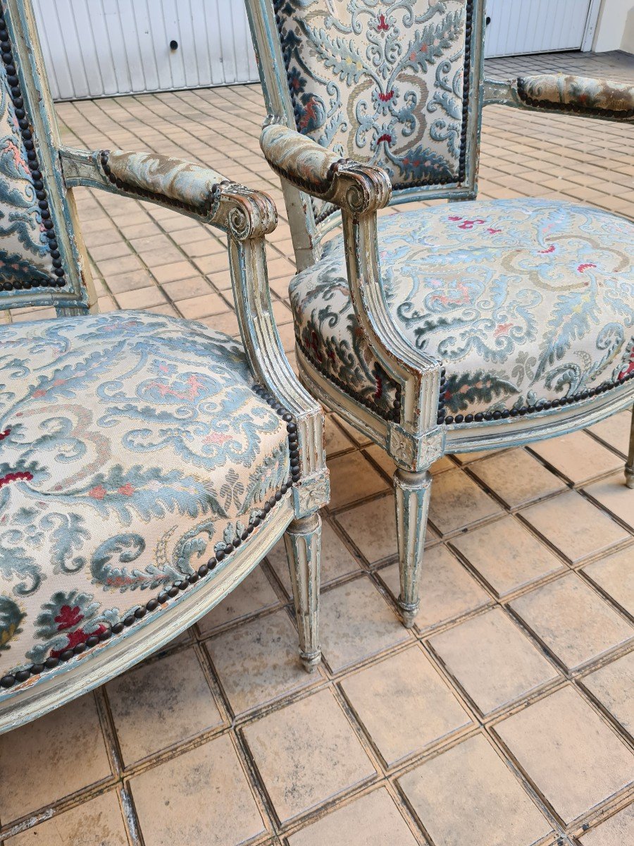 Paire De Fauteuils Cabriolets à Dossier Tuile , époque Louis XVI , En Bois Laqué , Vers 1790. -photo-2