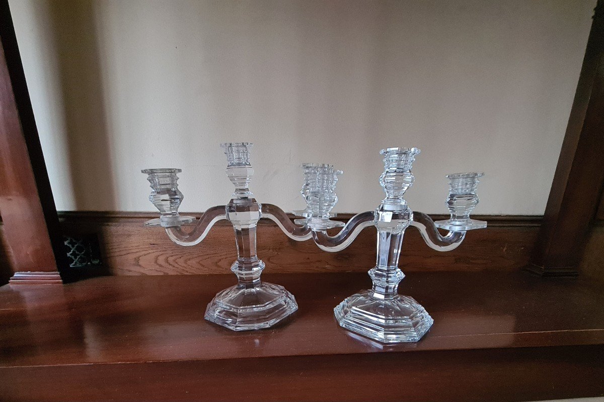 Paire De Bougeoirs En Cristal De Baccarat Modèle Regence , Signés Sous La Base. -photo-2