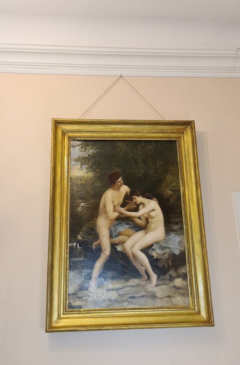 Louis Hierle (1856-1906) 100x 68cm –tristan Et Iseult–signé Daté 1991– Art Pompier - Sans Cadre-photo-2