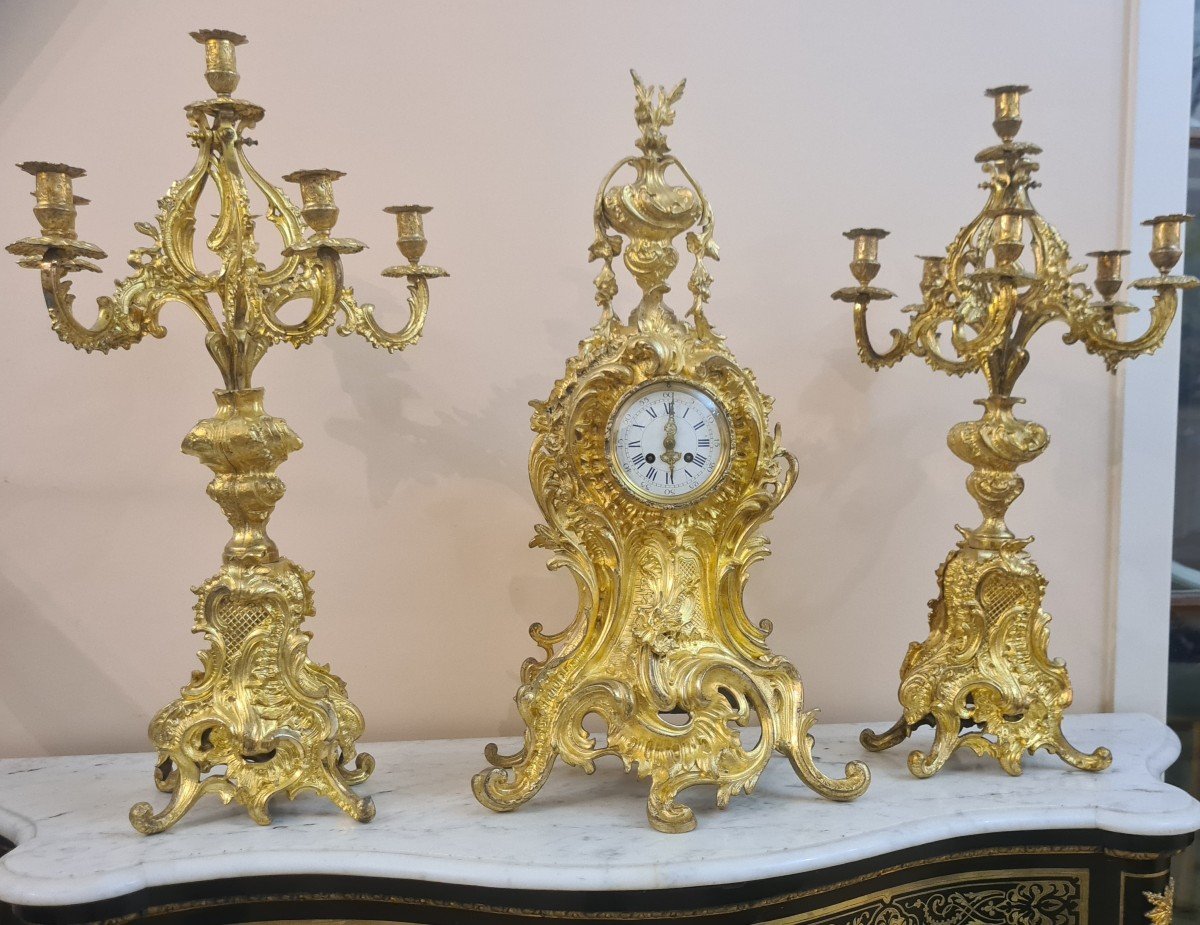 Importante Et Spectaculaire Garniture De Cheminée En Bronze Doré Style Louis XV , Fin XXème -photo-3