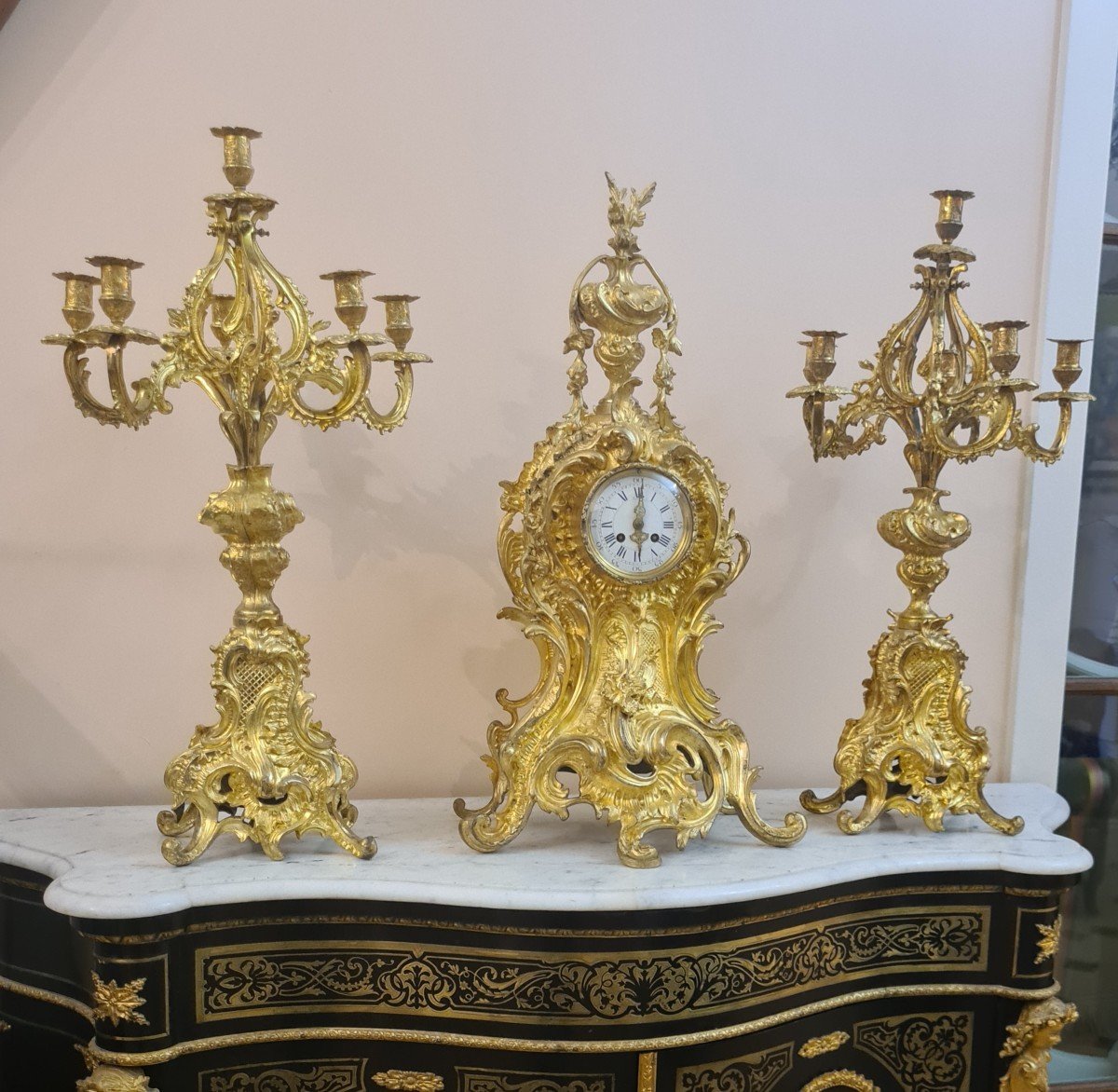 Importante Et Spectaculaire Garniture De Cheminée En Bronze Doré Style Louis XV , Fin XXème -photo-4