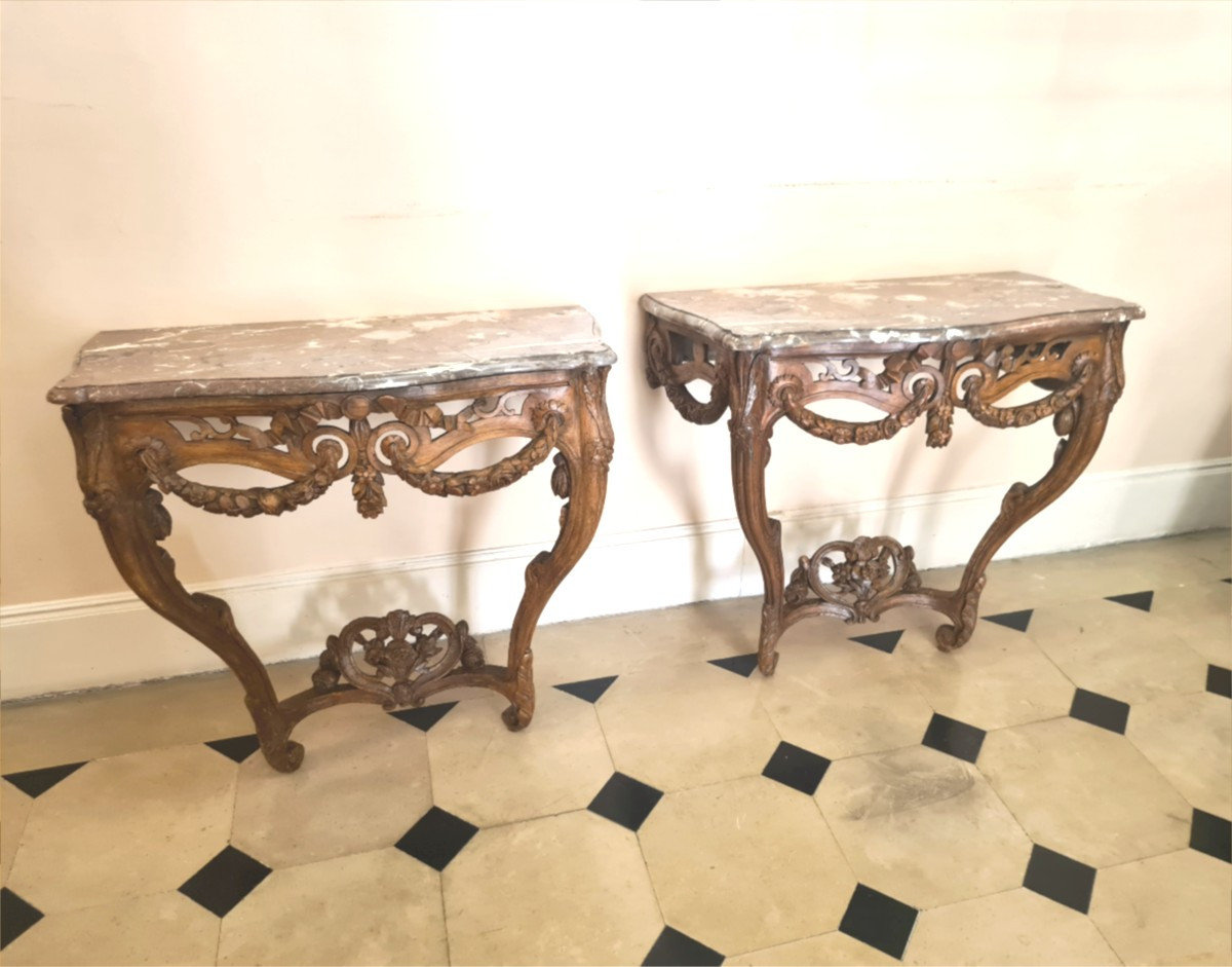 Pair Of Louis XV Period Natural Wood Console Tables-photo-2