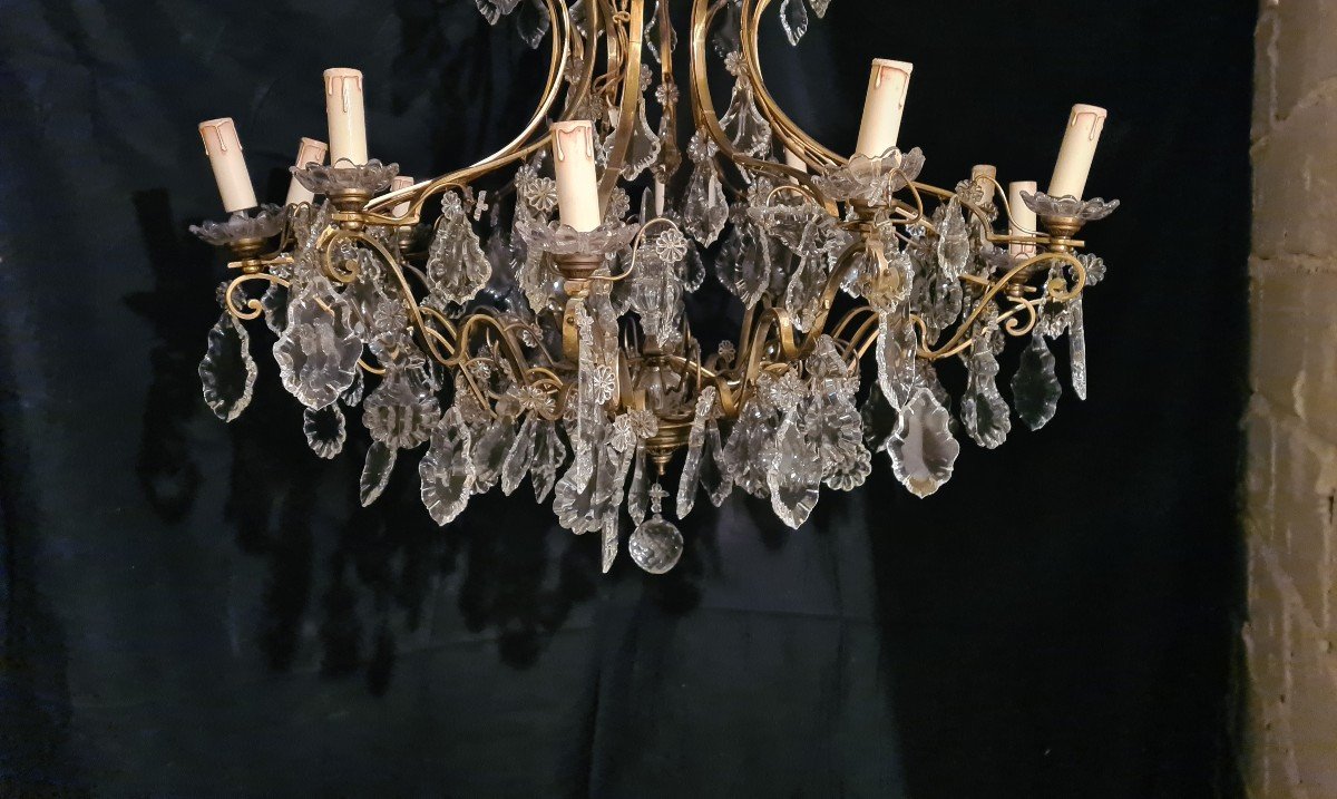 Lustre En Bronze Doré Et Cristal, 12 Bras De Lumières,  Maison Lucien Gau-photo-4