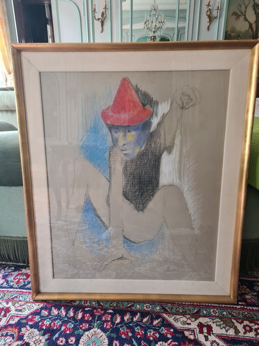 Yvonne Mottet (1908-1986) Le Clown, 93x74, Crayon Gras, Signé .