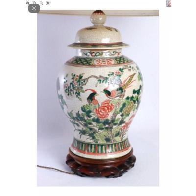 Potiche Montée En Lampe - Porcelaine Et émaux De La Famille Verte - Chine XIXeme. 